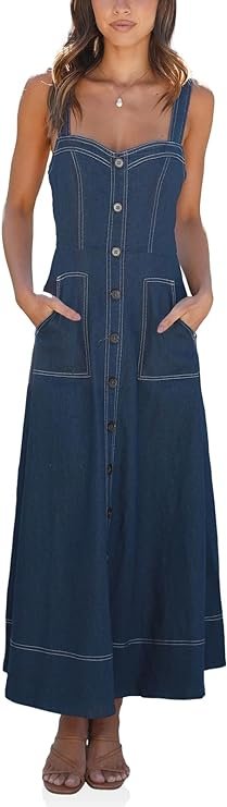 Fisoew Women's Long Denim Dress: Sleeveless A-Line Maxi Dress with Pockets for airport style