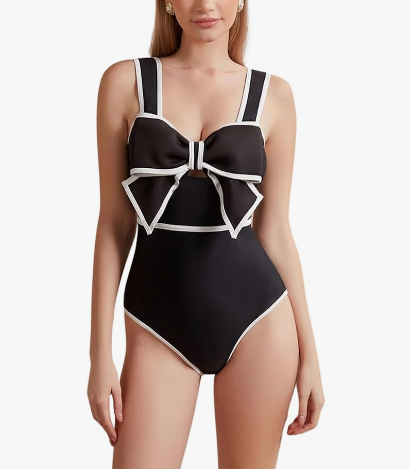 FLAXMAKER Black and White Bow-tie Decor One Piece Swimsuit and Skirt