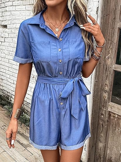  WDIRARA Women's Short Sleeve Button Front High Waist Belted Denim Short Jumpsuit: Stand Collar Unitard Romper