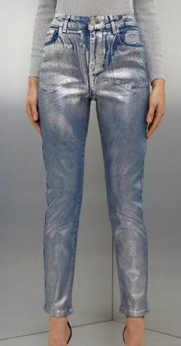 High Rise Slim Leg Silver Foiled Jeans