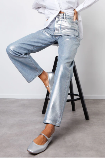 Silver Wide Leg Coated Metallic pants 