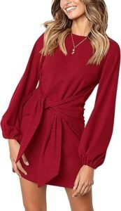 Long Lantern Sleeve Short Dress Crewneck Tie Waist Knit Cocktail Dress